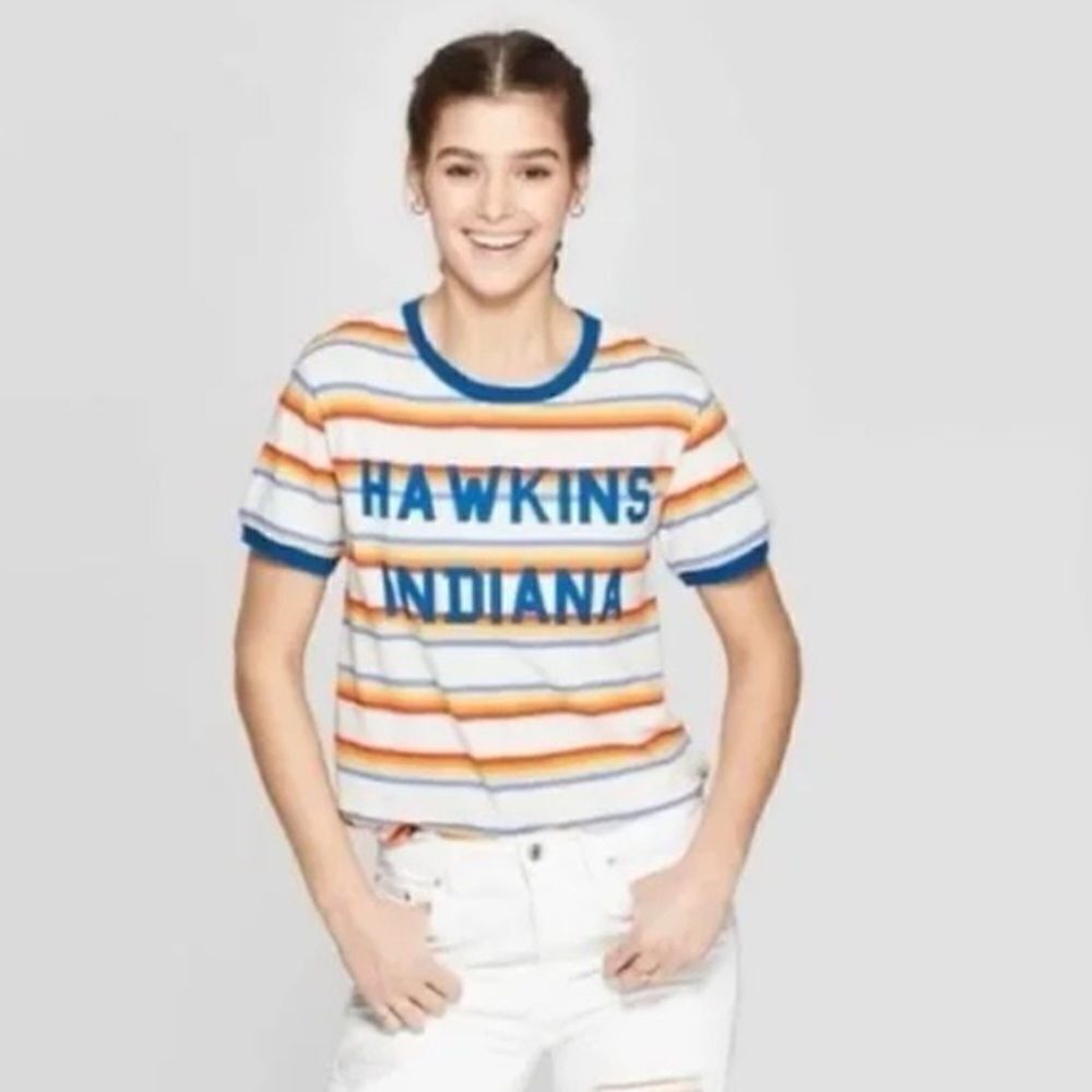 Stranger Things Netflix Rainbow Stripe Hawkins Indiana Ringer T-Shirt XS